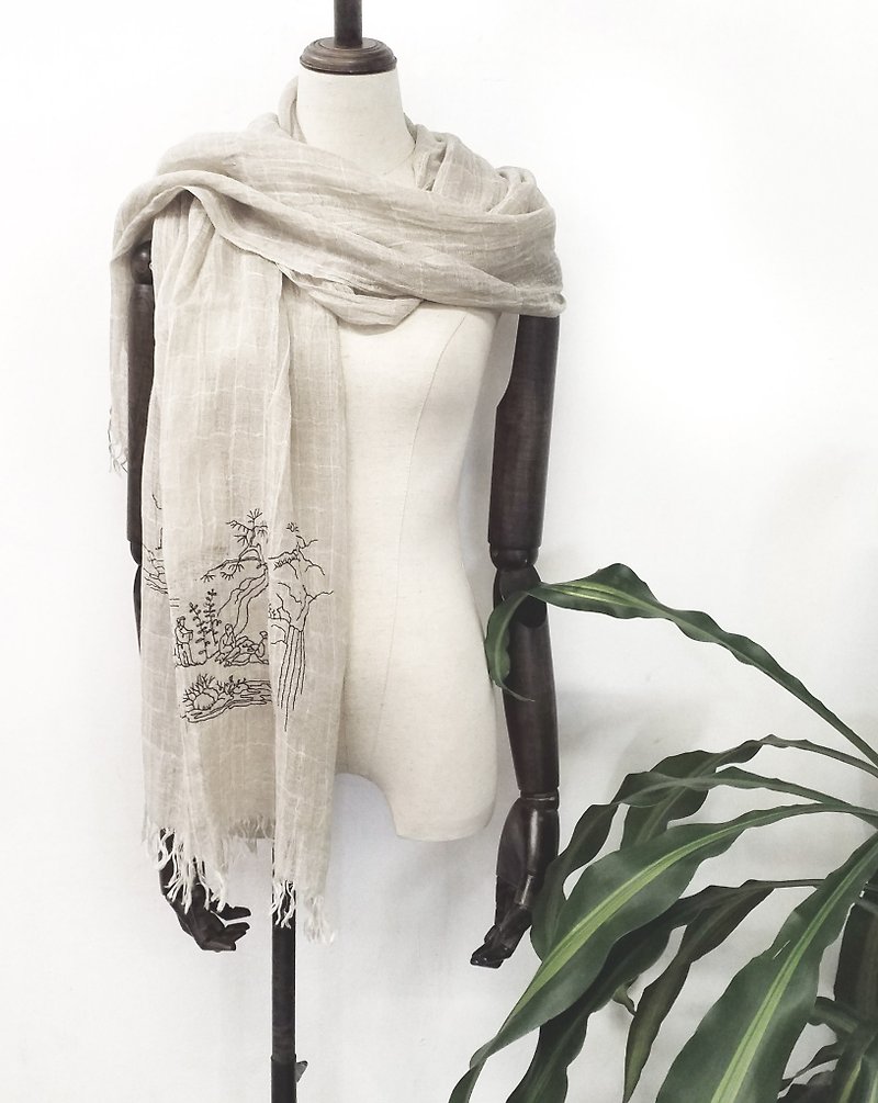 chinese style line art embroidery checkers linen scarf - Knit Scarves & Wraps - Cotton & Hemp Khaki