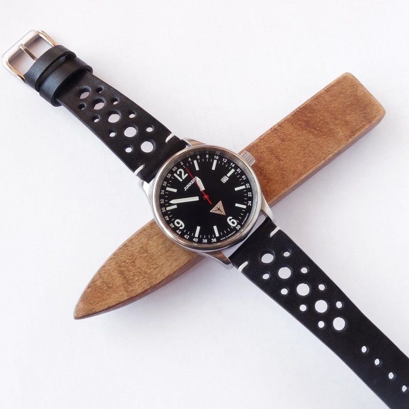 Black genuine leather watch strap, racing, sport watchband 18,19,20,21,22,24 mm - สายนาฬิกา - หนังแท้ สีดำ