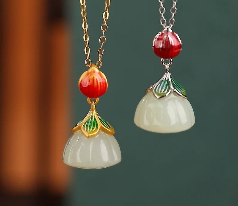 Ethnic Enamel Lotus Bud Pendants for Women Natural Hotan Jade Lotus Necklaces - สร้อยคอ - เครื่องเพชรพลอย หลากหลายสี