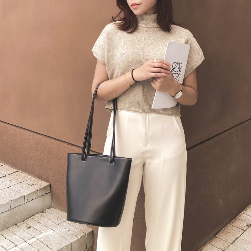 Solid Color Shoulder Tote Bag - Classic Black - Handbags & Totes - Faux Leather 