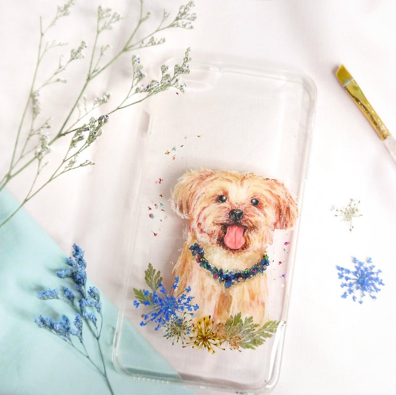Tailor-made Hand-drawn Pet Pressed Flower Phone Case | Yorkshire Terrier / Dog - เคส/ซองมือถือ - พืช/ดอกไม้ สีส้ม