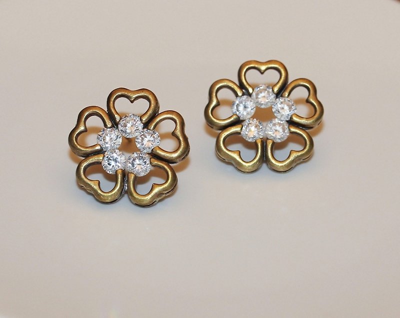 Vintage Brass Gemstone earrings - ต่างหู - เครื่องเพชรพลอย สีทอง
