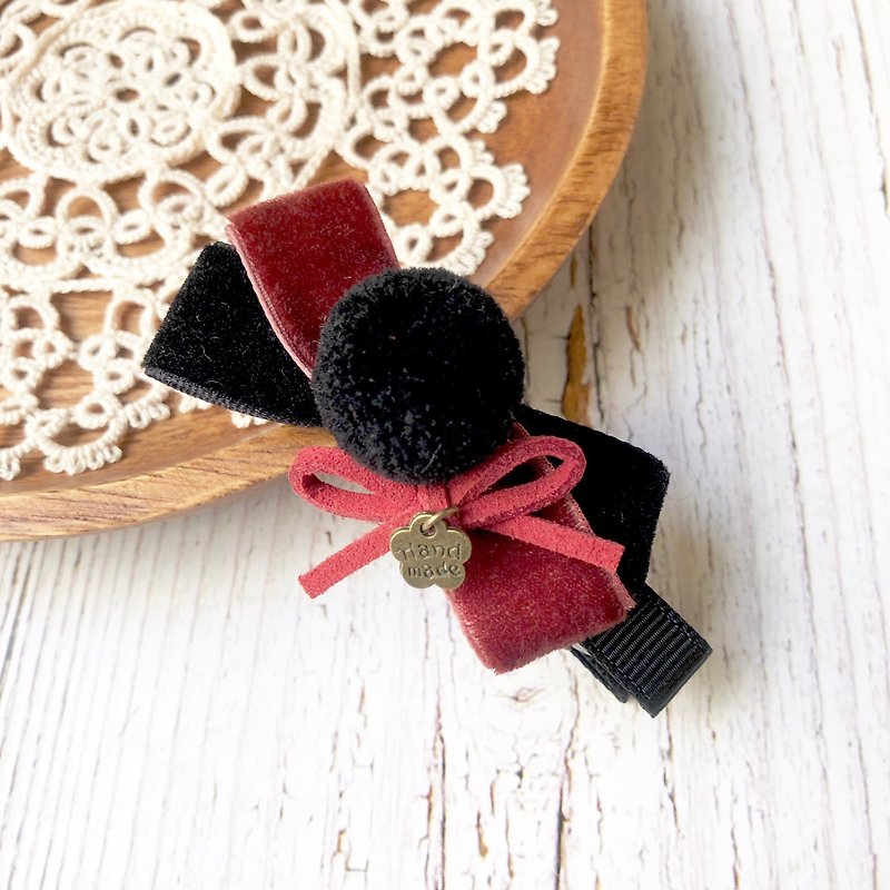 Round Fleece Bow Hair Clip/Dark Red - Hair Accessories - Other Materials Red