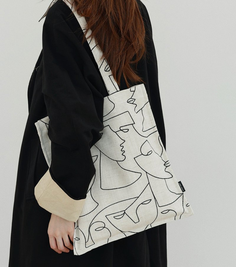 【臉】森系復古文青/高級感抽像人臉刺繡單肩布包 - 側背包/斜背包 - 其他材質 白色