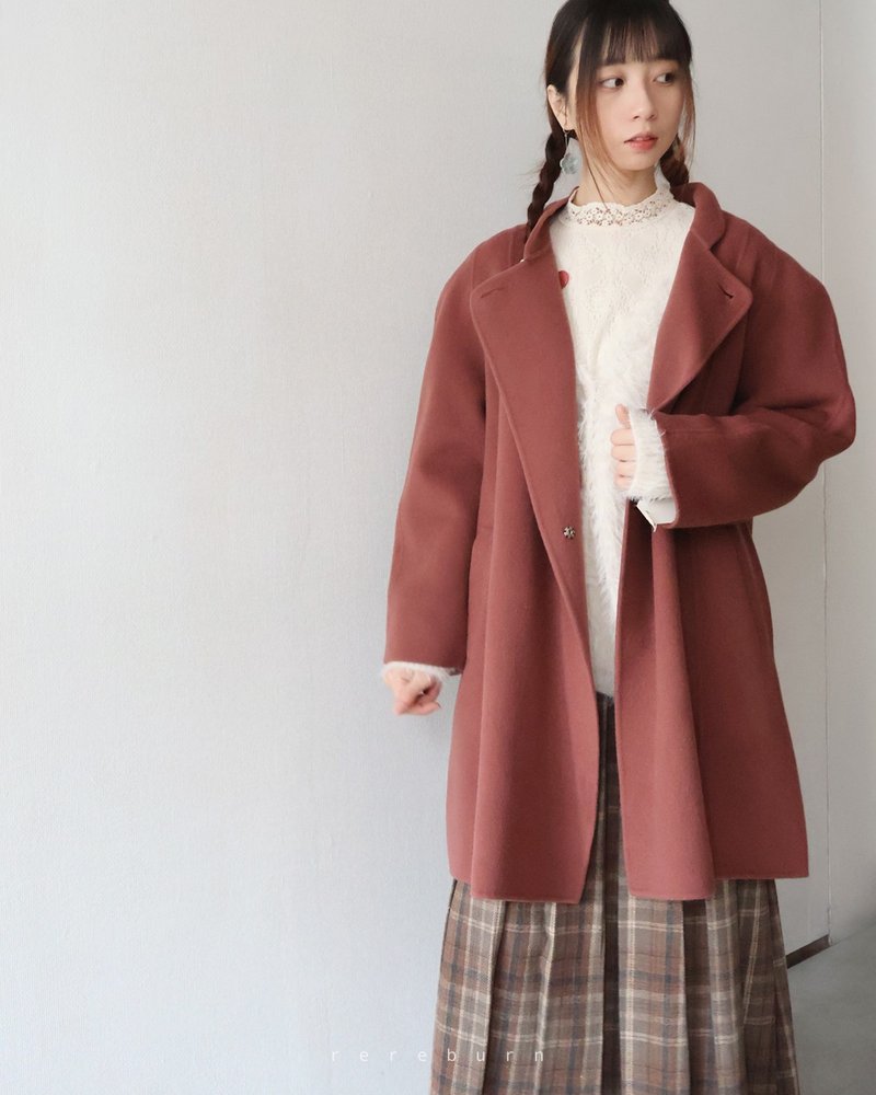 Early spring vintage tailoring Japanese-made cashmere wool plum pink vintage coat - Women's Casual & Functional Jackets - Wool Red