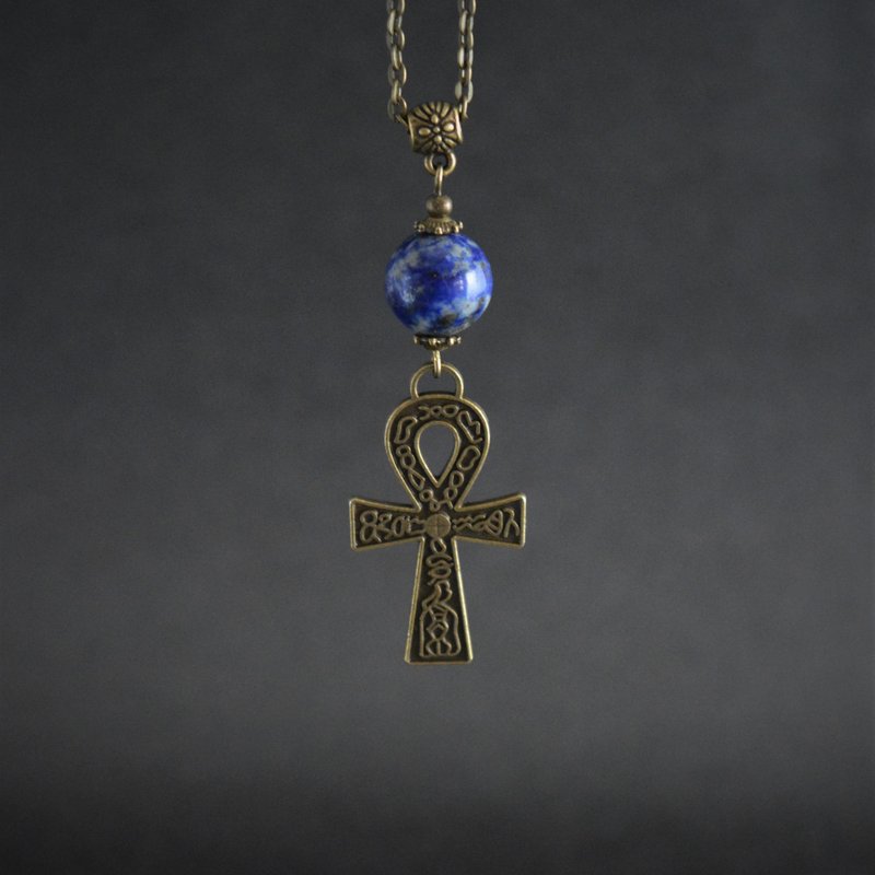 Ankh Lapis Lazuli 項鍊寶石古董青銅埃及鑰匙十字架項鍊 - 項鍊 - 寶石 藍色