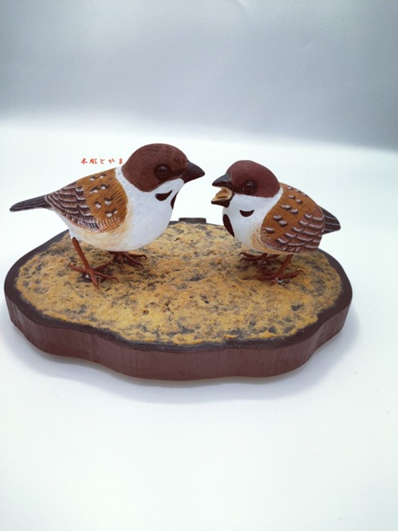 Wood carving bird carving Sparrow (parent and child) - Items for Display - Wood Brown