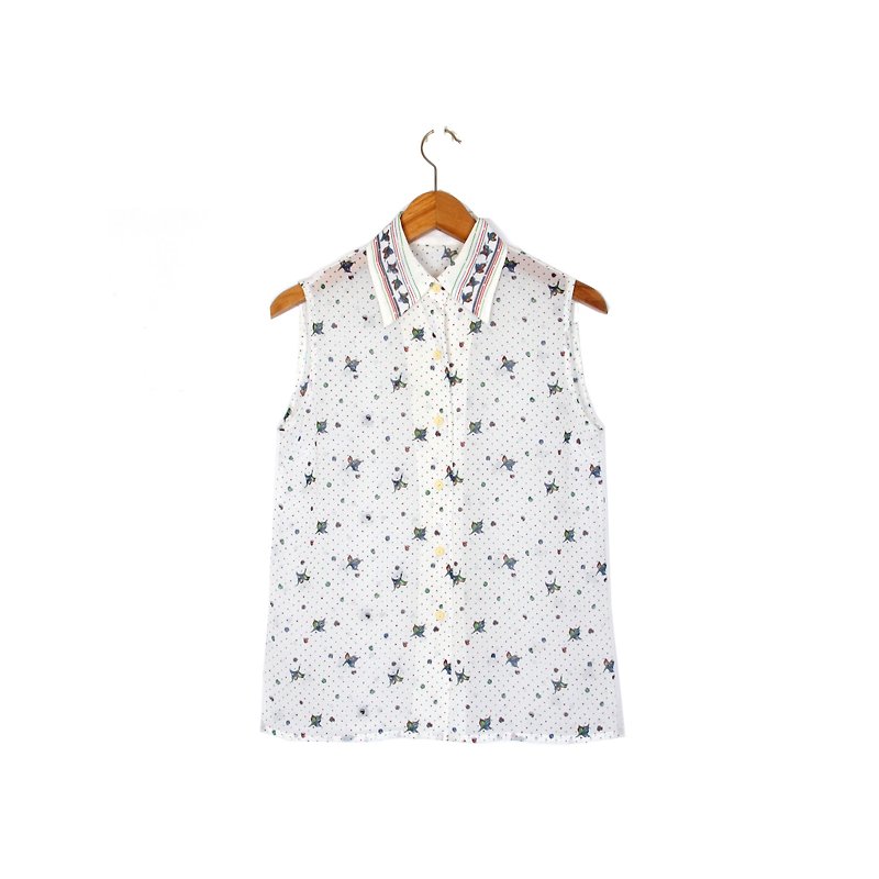 [Egg plant ancient] snow maple printing sleeveless ancient shirt - Women's Shirts - Polyester White