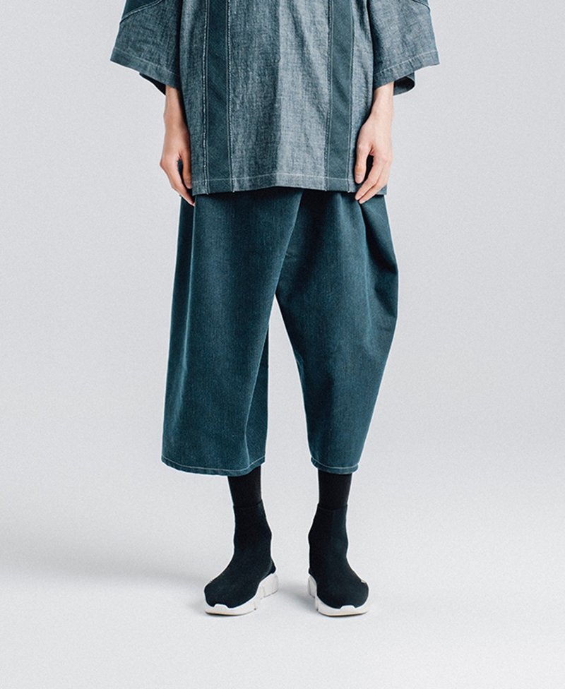 Alan Hu 2018S/S 合摺寬褲 - 男長褲/休閒褲 - 棉．麻 藍色