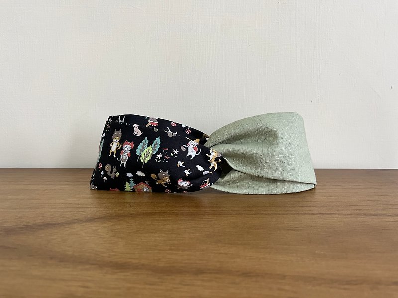 Double-piece headband/Big Chai Lang and Little Red Cat-Matcha/Japanese cloth - Headbands - Cotton & Hemp Green