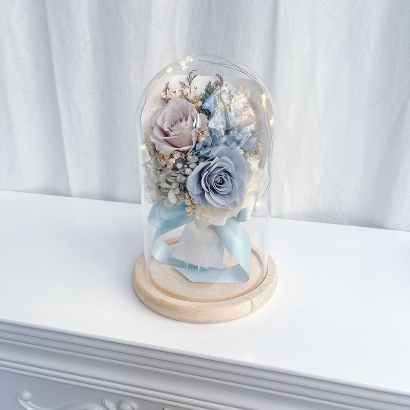 Valentine's Day Gift/Customized Gift LED Rose Bouquet Preserved Flower Bell Jar - Pearl Gray + Morandi Blue - ช่อดอกไม้แห้ง - พืช/ดอกไม้ สีเทา