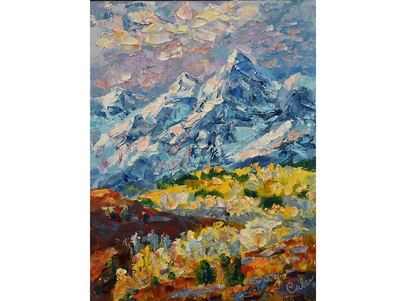 Mountains Painting Landscape Original Art America Artwork Oil Rockies Impasto - Posters - Wood Multicolor