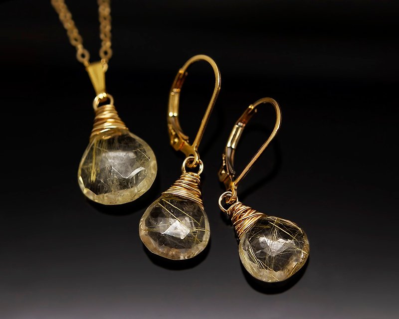 Golden Rutilated Quartz earring necklace set for women Bridal wedding jewelry - 耳環/耳夾 - 珍珠 金色