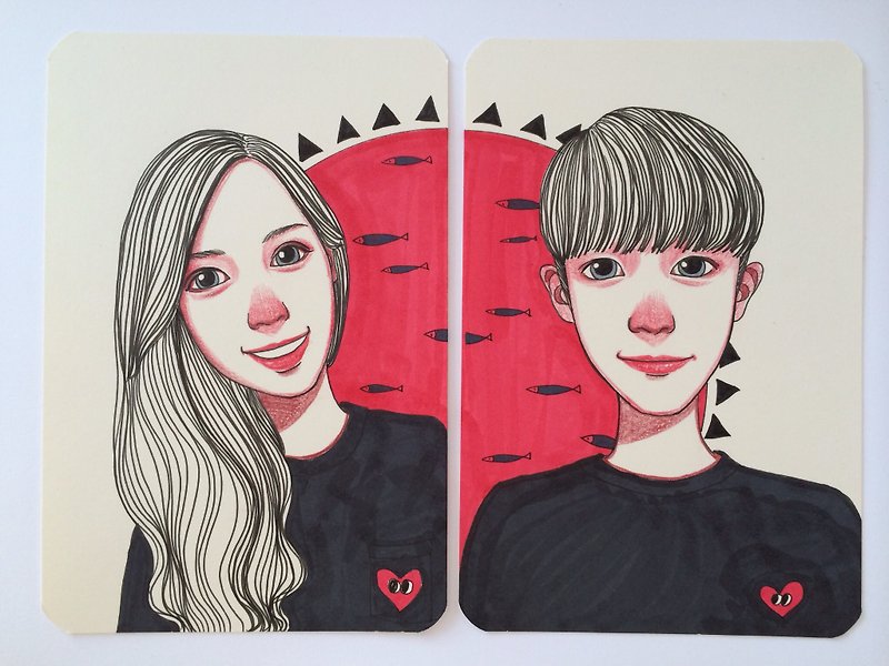 Qinky's Red hand-painted couples double [portrait / custom / birthday present / love memorial / Valentine's Day gift / Tanabata gift] - ภาพวาดบุคคล - กระดาษ 