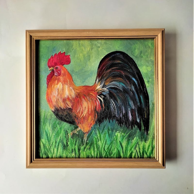 Bird wall art framed Rooster bird painting impasto wall decoration 掛畫 - 壁貼/牆壁裝飾 - 壓克力 多色