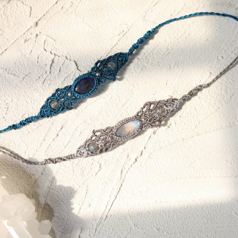 Natural stone labradorite moonlight paraffin thread braided bracelet - สร้อยข้อมือ - คริสตัล ขาว