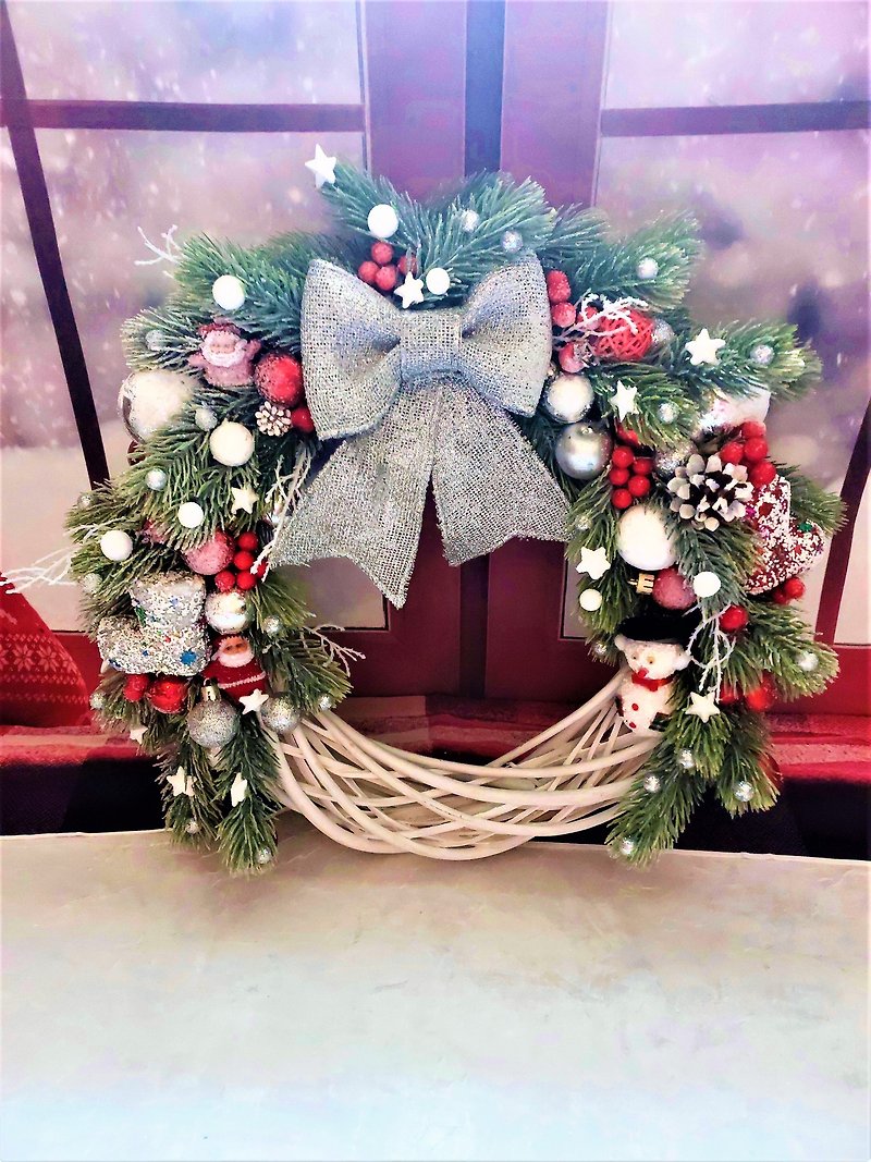 White and red Christmas wreath, Red and silver door wreath, Christmas wall décor - 壁貼/牆壁裝飾 - 其他材質 紅色