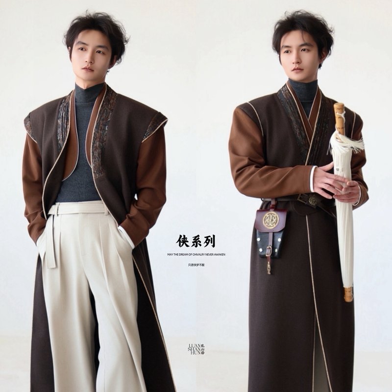 Luanshan Hunxia new Chinese style original faux two piece flying sleeves shoulder pads cross collar herringbone pattern long coat winter - Men's Coats & Jackets - Other Materials 