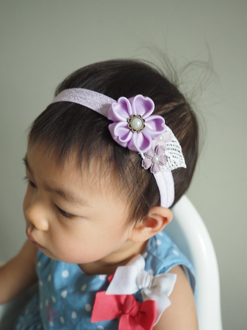 淺紫絲帶櫻花拼優雅小花嬰兒/小童彈性髮帶 適合百日宴彌月拍攝 - 嬰兒帽/髮帶 - 棉．麻 紫色
