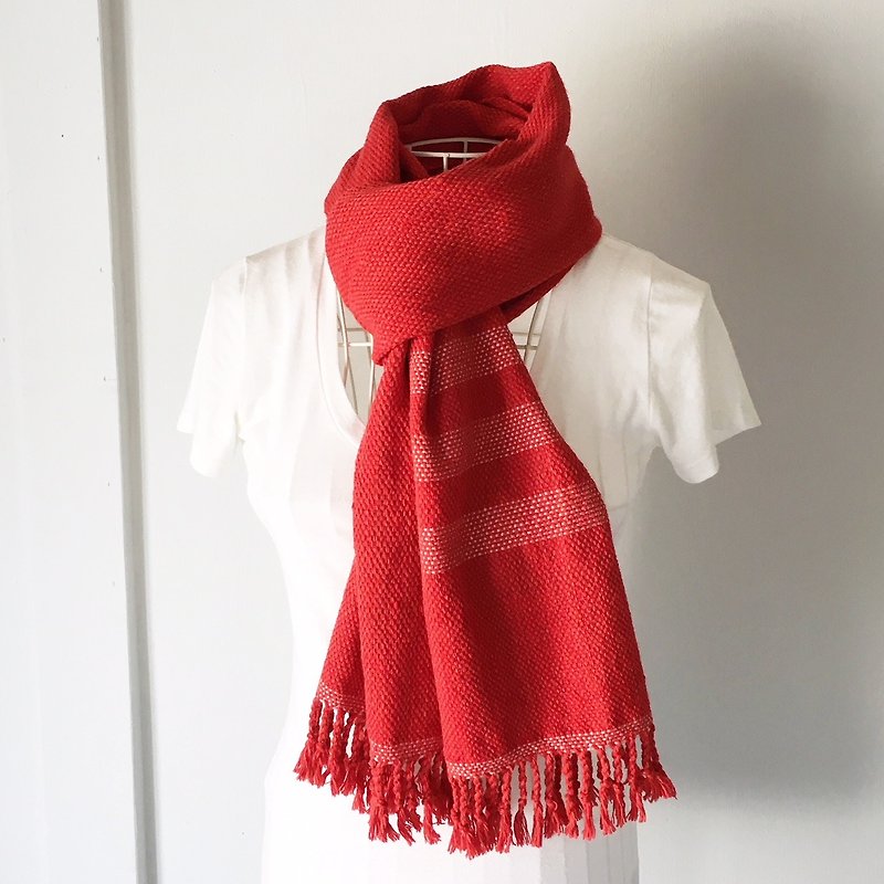 ユニセックス手織りマフラー "Red and Pink" - 絲巾 - 羊毛 紅色