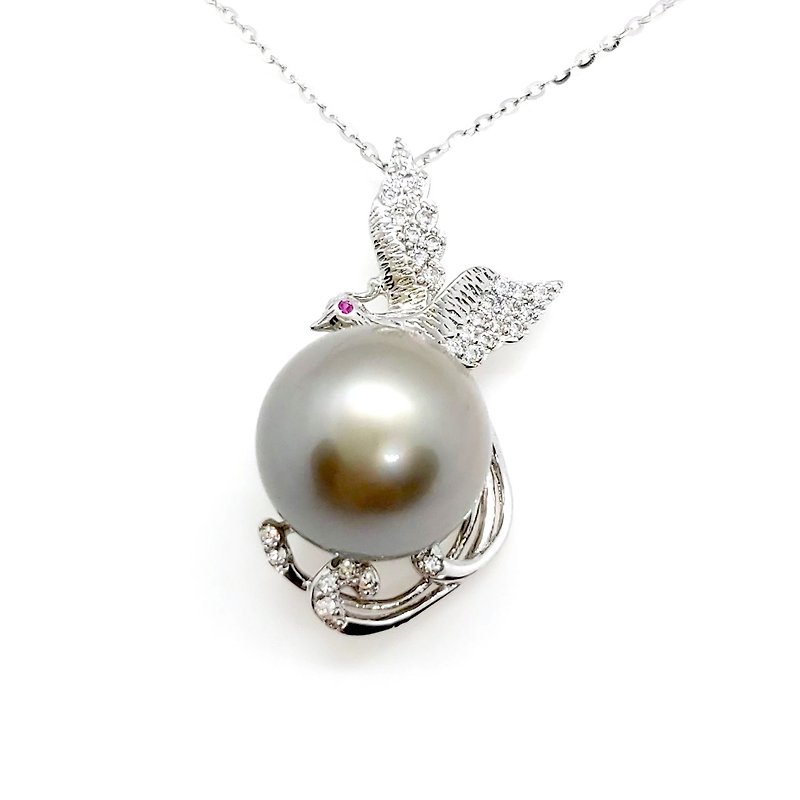 Special Color Diamond Bird Seawater Tahitian Pearl Sterling Silver Necklace - Necklaces - Pearl 