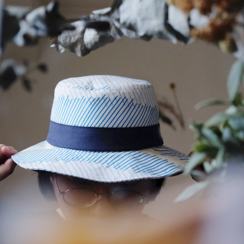 日本の生地白い黄色の青斜めのストライプ手作りの漁師の帽子 - 帽子 - コットン・麻 多色