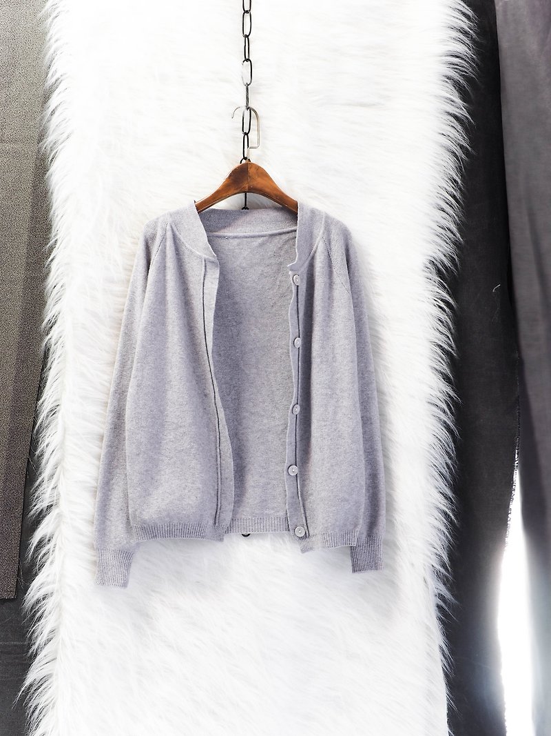 Kochi light gray purple independent autumn and open 襟 girl antique wool sheep vintage blouse jacket vintage - Women's Sweaters - Wool Gray