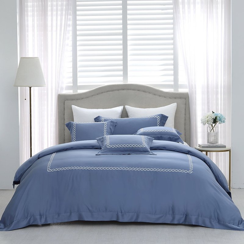 Hongyu 300 weave Tencel cotton thin quilt cover bed bag set elegant blue (double/large/extra large) - เครื่องนอน - วัสดุอื่นๆ สีน้ำเงิน