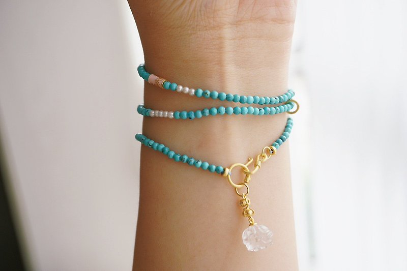 Natural ore turquoise white crystal rose design multi-circle bracelet necklaces - Bracelets - Plants & Flowers Green