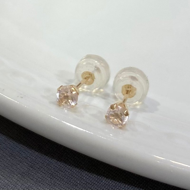 【K14 GOLD】14金 3mm 立爪 ローズクオーツ ピアス 14KP６ 　10月誕生石  【SOLID GOLD】 - 耳環/耳夾 - 其他金屬 粉紅色