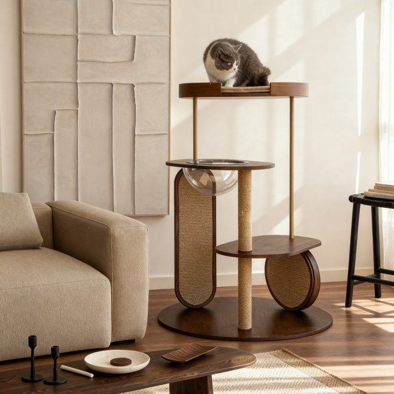 【万能丸太猫ジャンプ台】インテリアに合わせてお好みに/ウォールナット丸太2色/スペースカプセル - キャットタワー・爪とぎ - 木製 ブラウン