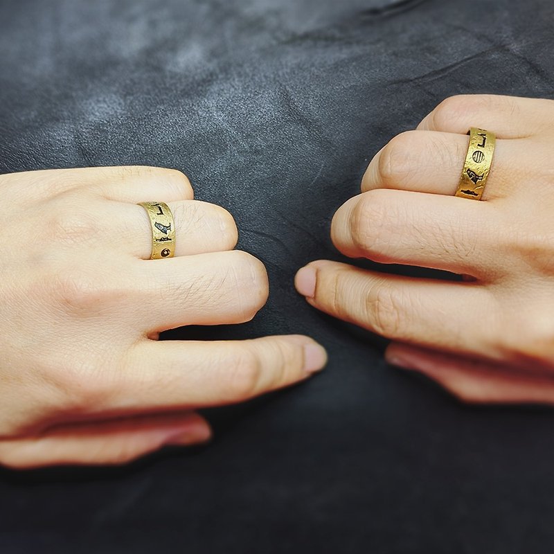 Egyptian style-Lover's sweet language pronunciation style double ring- engraved hieroglyphs on the inner ring Bronze couple rings custom made - แหวนทั่วไป - โลหะ สีทอง