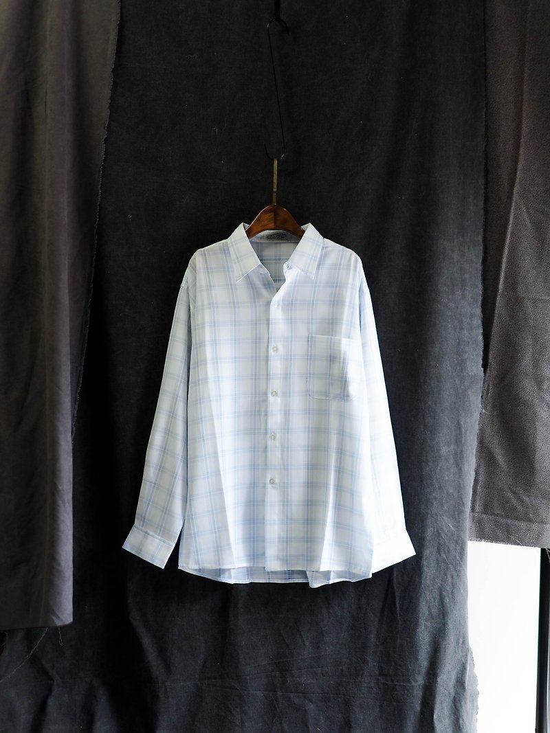 和歌山水藍半透格紋戀愛日札 古董精紡紗襯衫上衣外套 vintage - 恤衫 - 聚酯纖維 白色