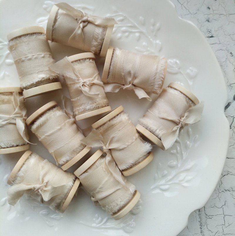 Champagne Silk Ribbon / Hand Dyed Silk Ribbon on Wooden Spool - 包裝材料/包裝紙 - 絲．絹 卡其色
