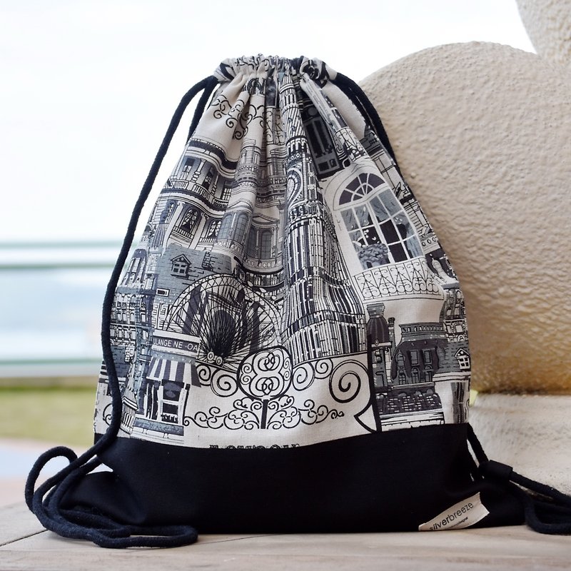 Drawstring Backpack / Drawstring Bag / Drawstring Pocket ~ London Street View (B124) L1 - Drawstring Bags - Cotton & Hemp Gray