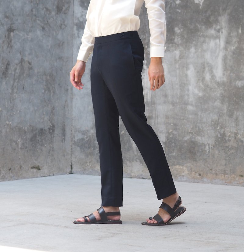 Navy double layer with button trousers - กางเกงขายาว - ผ้าฝ้าย/ผ้าลินิน สีน้ำเงิน