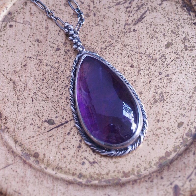 大顆 天然 濃紫 紫水晶 手工銀墜 銀鍊 硫化處理 Amethyst - 項鍊 - 半寶石 紫色