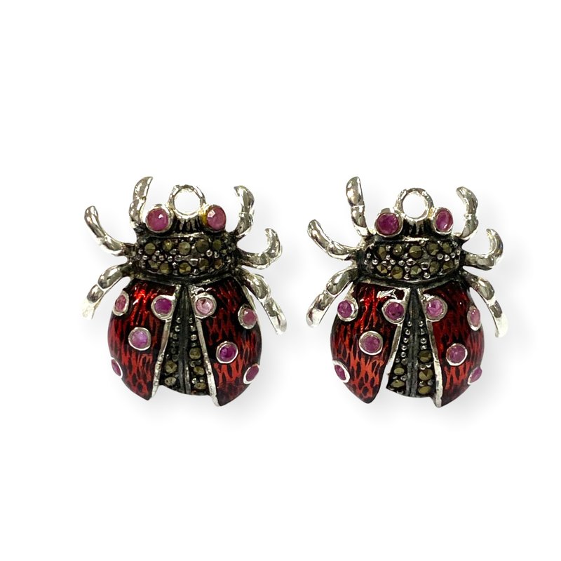 Art Deco Style Ladybird with Ruby Stone Cufflinks 925 Sterling Silver Mens Gift - 袖扣 - 純銀 紅色