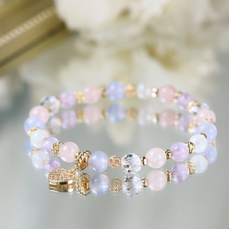 Moonstone Rose Quartz Amethyst Blue Veined Agate. Goryokaku Cherry Blossom Sea. Love Luck Crystal Bracelet - Bracelets - Crystal Pink