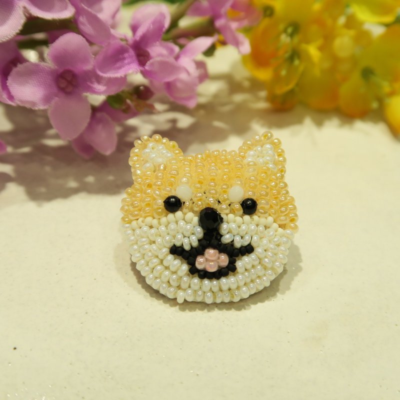 柴犬頭釘珠扣針  Shiba Inu Beaded Brooch Pin Handmade 手作仔 - 胸針 - 玻璃 咖啡色
