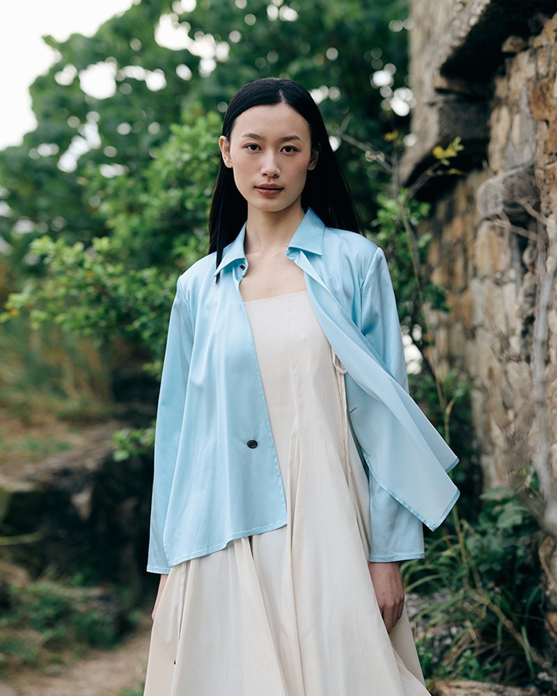 斜襟互搭長袖粉藍色色丁襯衫 恤衫 - 女襯衫 - 聚酯纖維 藍色