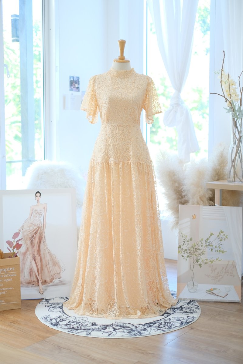 Beige lace floral bridesmaid dress , Maxi beige party wedding dress Prom dress - 洋裝/連身裙 - 聚酯纖維 卡其色