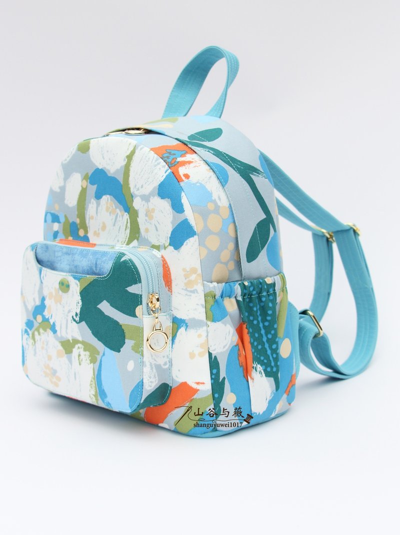 Japanese KOKKA pure cotton canvas blue flower branches | backpack | backpack | fabric backpack - กระเป๋าเป้สะพายหลัง - ผ้าฝ้าย/ผ้าลินิน สึชมพู