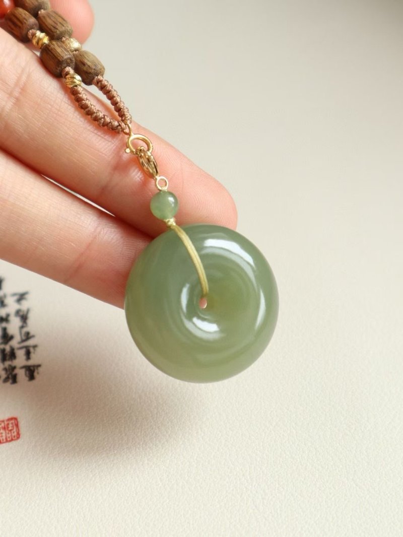 天然和田玉平安扣吊墜項鏈冰底翠青料脂份足玉質細膩 - 項鍊 - 玉石 