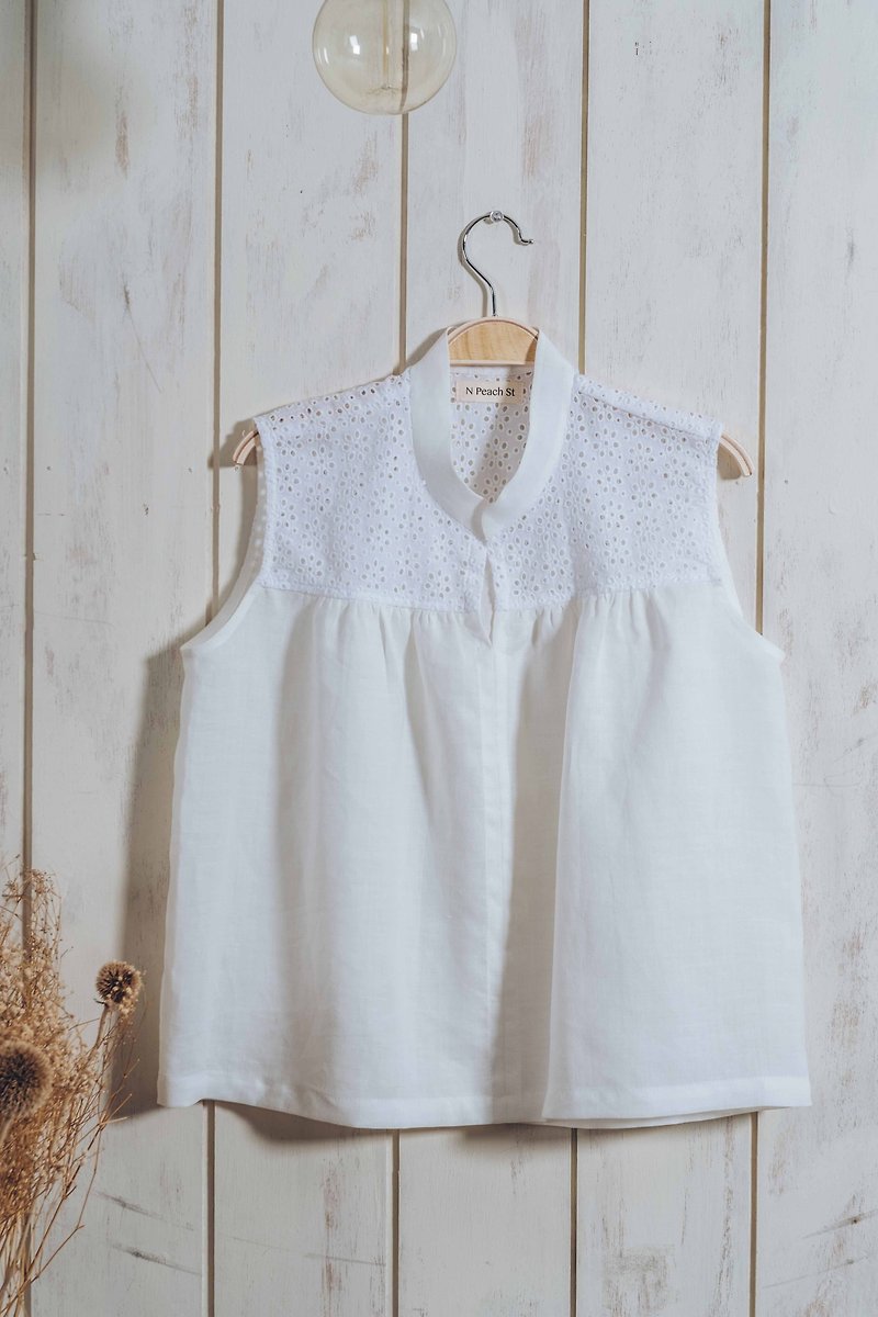 Cardigan lace vest-white, Linen, blouse, sleeveless - Women's Vests - Cotton & Hemp White