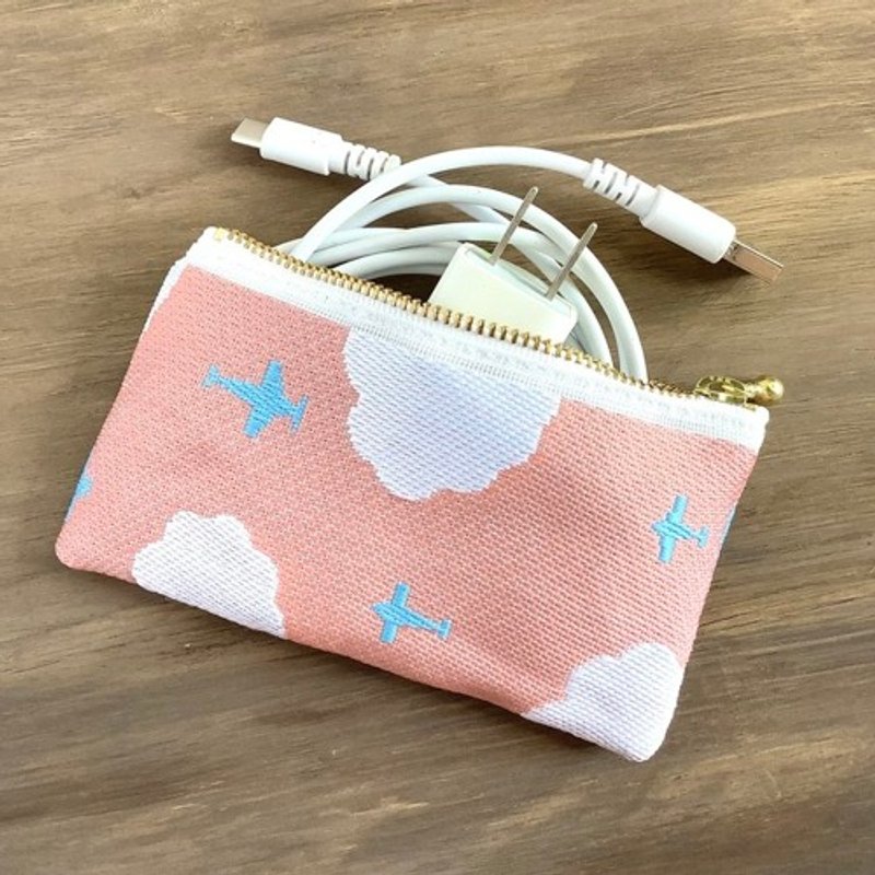 【飛行機と雲】畳縁　ぺたんこ　小銭入れ　ミニポーチ　カードケース　空　茜空　コーラル - 化妝包/收納袋 - 其他材質 橘色