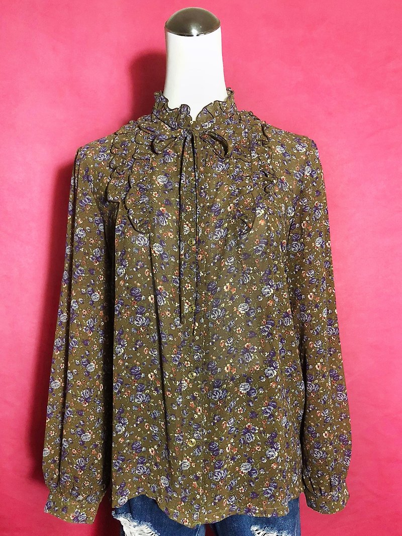 Purple lotus leaf collar chiffon long-sleeved vintage shirt / brought back to VINTAGE abroad - Women's Shirts - Polyester Khaki