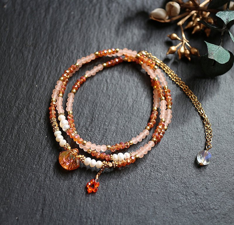 Stainless Steel glass pearl three-layer adjustable bracelet necklace dual-purpose chain metal orange - Bracelets - Glass Orange