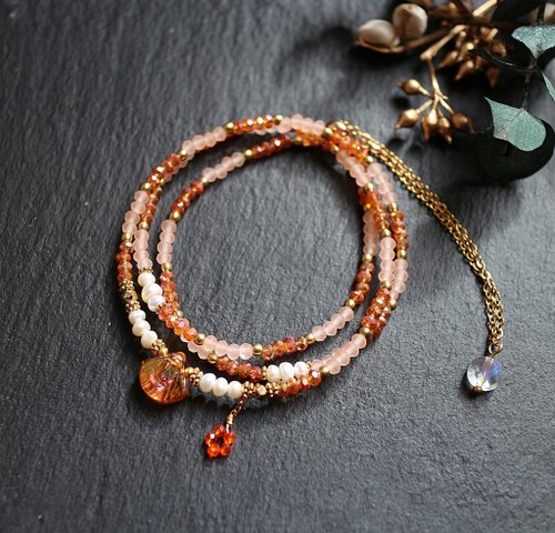 Earring Fanatic 不鏽鋼玻璃珍珠三層調節式手鍊項鍊兩用鍊金屬橘色