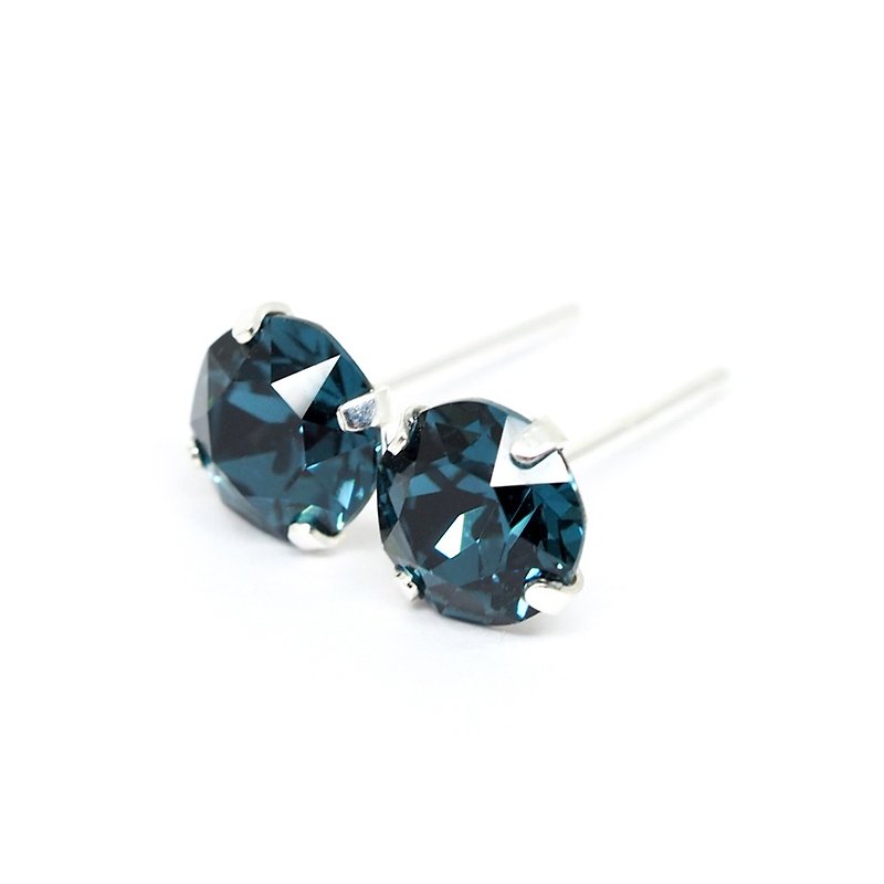 Midnight Blue Swarovski Crystal Earrings, 925 Sterling Silver, 6mm Round, 男女耳釘 - ต่างหู - โลหะ สีน้ำเงิน